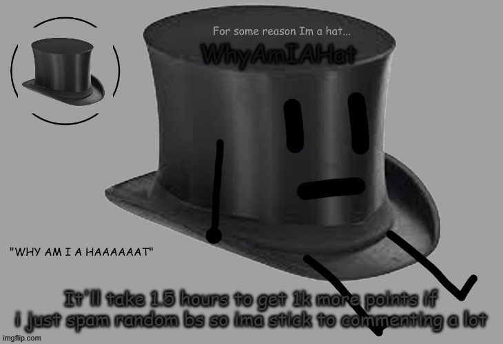 Hat announcement temp | It'll take 1.5 hours to get 1k more points if i just spam random bs so ima stick to commenting a lot | image tagged in hat announcement temp | made w/ Imgflip meme maker