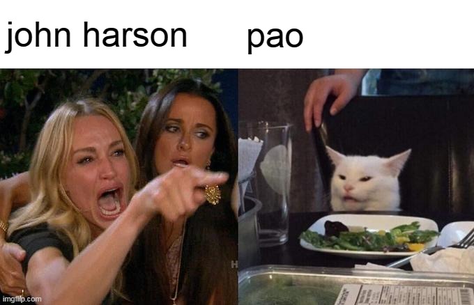 hehe | john harson; pao | image tagged in memes,woman yelling at cat | made w/ Imgflip meme maker