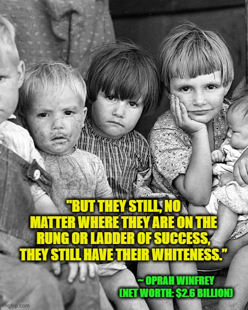 White Privilege | "BUT THEY STILL, NO MATTER WHERE THEY ARE ON THE RUNG OR LADDER OF SUCCESS, THEY STILL HAVE THEIR WHITENESS.”; ~ OPRAH WINFREY
(NET WORTH: $2.6 BILLION) | image tagged in white privilege,oprah winfrey,poor | made w/ Imgflip meme maker