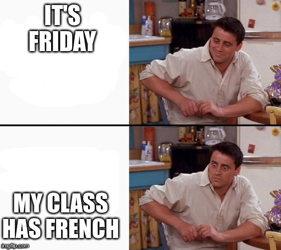 Comprehending Joey | IT'S FRIDAY; MY CLASS HAS FRENCH | image tagged in comprehending joey | made w/ Imgflip meme maker