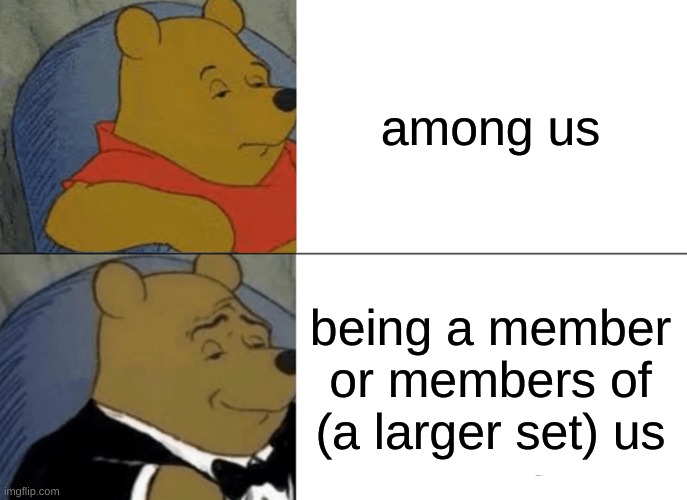 Tuxedo Winnie The Pooh | among us; being a member or members of (a larger set) us | image tagged in memes,tuxedo winnie the pooh | made w/ Imgflip meme maker