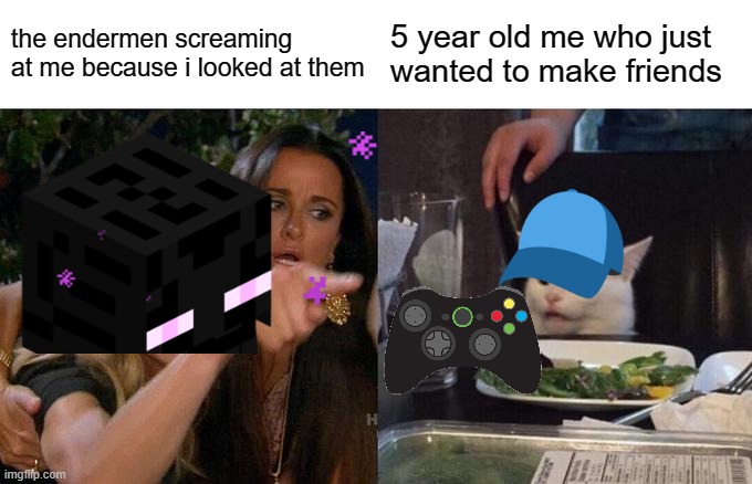 Woman Yelling At Cat | the endermen screaming at me because i looked at them; 5 year old me who just wanted to make friends | image tagged in memes,woman yelling at cat,minecraft,ender,enderman,dragon | made w/ Imgflip meme maker