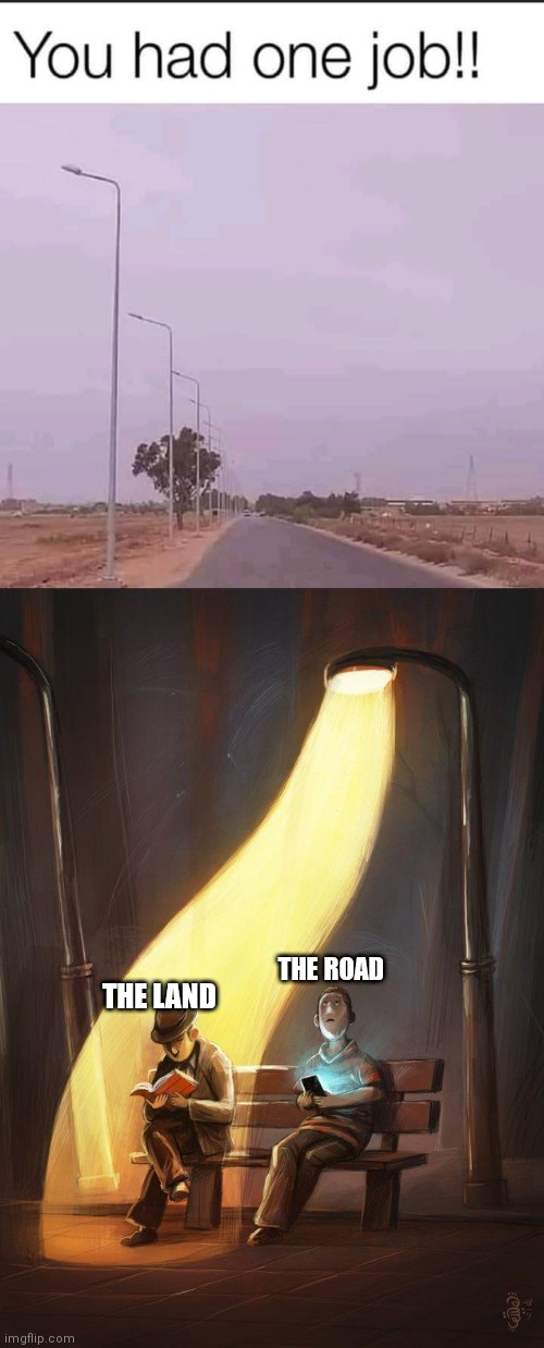 The land gets all the light! | THE ROAD; THE LAND | image tagged in streetlight,you had one job,memes,fun | made w/ Imgflip meme maker