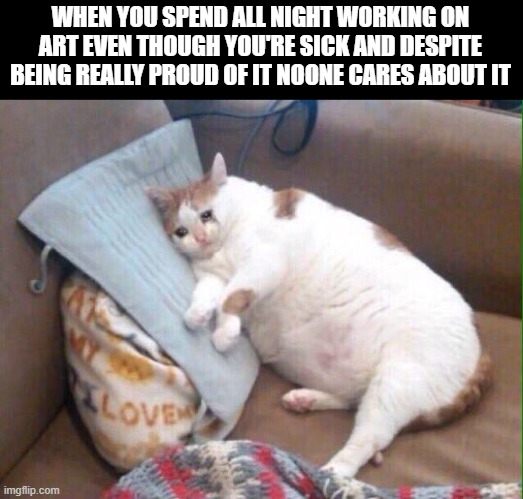 :( | WHEN YOU SPEND ALL NIGHT WORKING ON ART EVEN THOUGH YOU'RE SICK AND DESPITE BEING REALLY PROUD OF IT NOONE CARES ABOUT IT | image tagged in crying cat,art | made w/ Imgflip meme maker