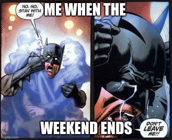 me when the weekend ends | ME WHEN THE; WEEKEND ENDS | image tagged in batman don't leave me | made w/ Imgflip meme maker