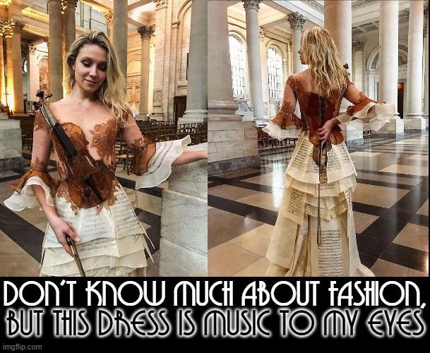 A dress that will catch a musician's eye | DON'T KNOW MUCH ABOUT FASHION, BUT THIS DRESS IS MUSIC TO MY EYES | image tagged in vince vance,violin,dress,sheet music,fashion,memes | made w/ Imgflip meme maker