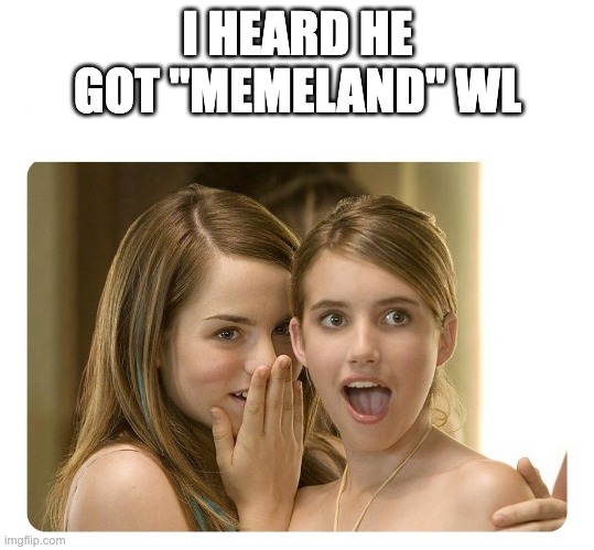 girls gossiping | I HEARD HE GOT "MEMELAND" WL | image tagged in girls gossiping | made w/ Imgflip meme maker
