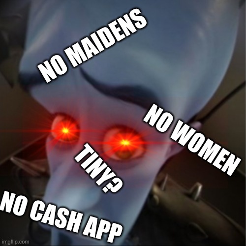 thats true about you :) | NO MAIDENS; NO WOMEN; TINY? NO CASH APP | image tagged in megamind peeking | made w/ Imgflip meme maker