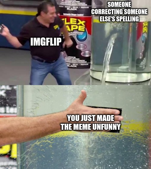 why does this happen to me | SOMEONE CORRECTING SOMEONE ELSE'S SPELLING; IMGFLIP; YOU JUST MADE THE MEME UNFUNNY | image tagged in flex tape,autocorrect,why are you reading this,memes | made w/ Imgflip meme maker