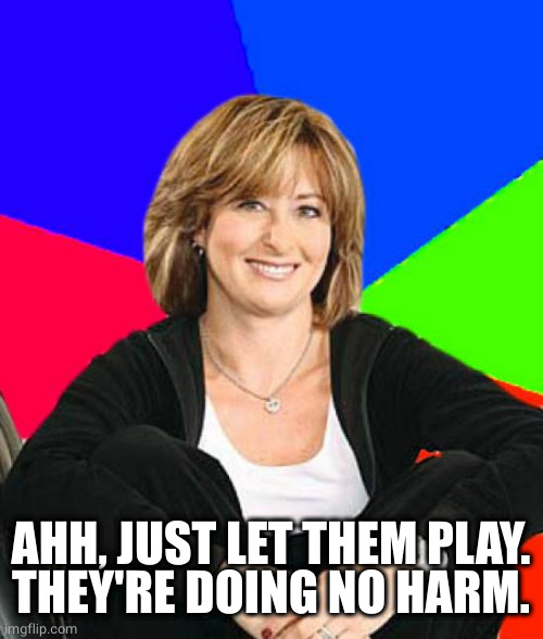 Sheltering Suburban Mom Meme | AHH, JUST LET THEM PLAY.
THEY'RE DOING NO HARM. | image tagged in memes,sheltering suburban mom | made w/ Imgflip meme maker