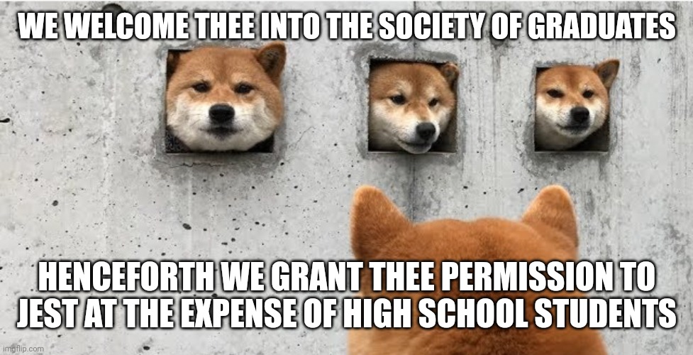 We welcome thee into the society of graduates | WE WELCOME THEE INTO THE SOCIETY OF GRADUATES; HENCEFORTH WE GRANT THEE PERMISSION TO JEST AT THE EXPENSE OF HIGH SCHOOL STUDENTS | image tagged in the doge council | made w/ Imgflip meme maker