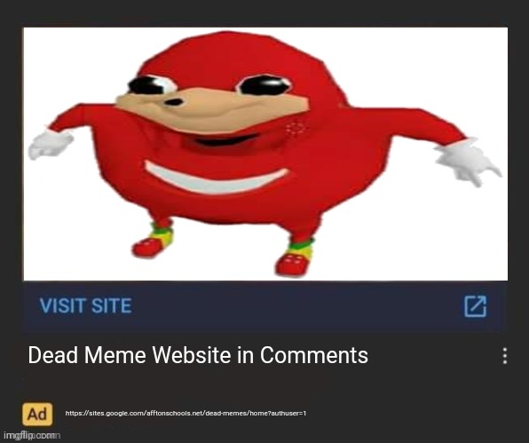 https://sites.google.com/afftonschools.net/dead-memes/home?authuser=1 | Dead Meme Website in Comments; https://sites.google.com/afftonschools.net/dead-memes/home?authuser=1 | image tagged in memes | made w/ Imgflip meme maker