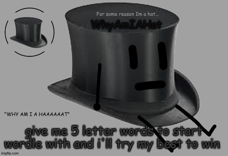 Hat announcement temp | give me 5 letter words to start wordle with and i'll try my best to win | image tagged in hat announcement temp | made w/ Imgflip meme maker