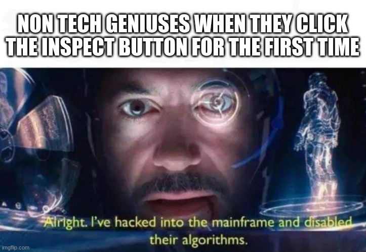 memes | NON TECH GENIUSES WHEN THEY CLICK THE INSPECT BUTTON FOR THE FIRST TIME | image tagged in tony stark i've hacked into the mainframe | made w/ Imgflip meme maker