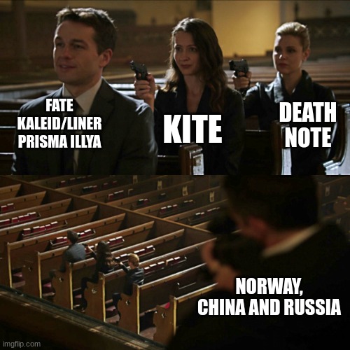 Anime vs the countries | FATE KALEID/LINER PRISMA ILLYA; KITE; DEATH NOTE; NORWAY, CHINA AND RUSSIA | image tagged in assassination chain | made w/ Imgflip meme maker