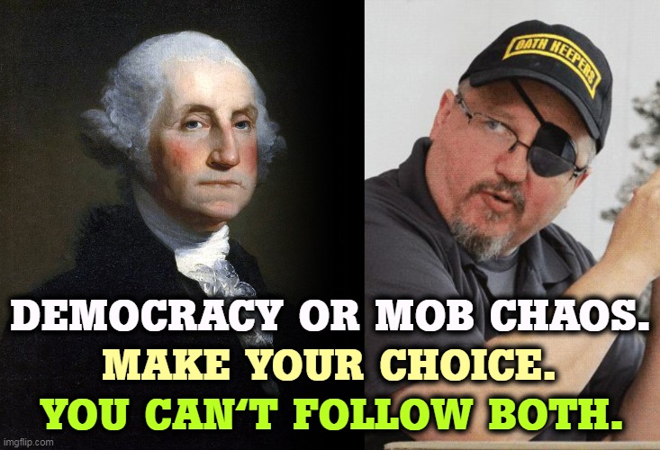 MAKE YOUR CHOICE. DEMOCRACY OR MOB CHAOS. YOU CAN'T FOLLOW BOTH. | image tagged in democracy,mob,chaos,choice,george washington | made w/ Imgflip meme maker