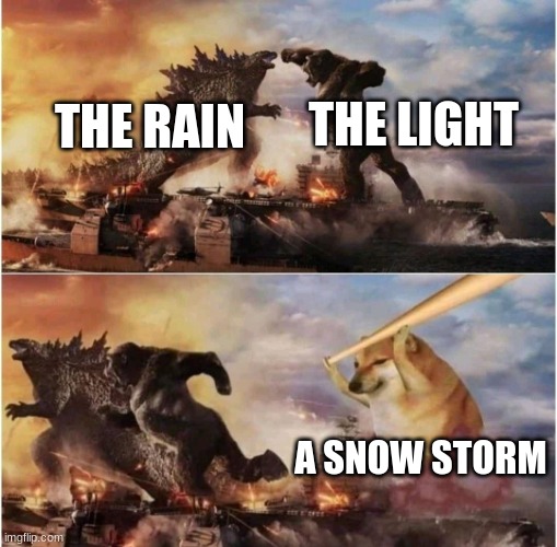 Kong Godzilla Doge |  THE LIGHT; THE RAIN; A SNOW STORM | image tagged in kong godzilla doge | made w/ Imgflip meme maker