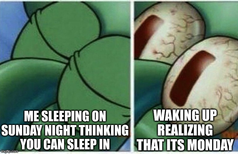 OH GOD IS GNA KILL MEEEEEEEEEEE |  ME SLEEPING ON SUNDAY NIGHT THINKING YOU CAN SLEEP IN; WAKING UP REALIZING THAT ITS MONDAY | image tagged in squidward | made w/ Imgflip meme maker