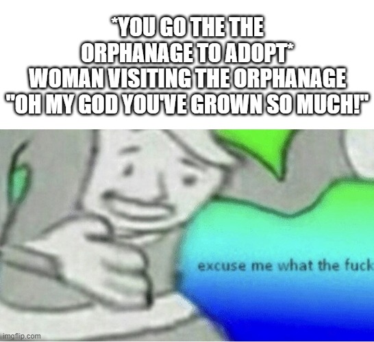 Wait a minit. something ain't right | *YOU GO THE THE ORPHANAGE TO ADOPT*
WOMAN VISITING THE ORPHANAGE
"OH MY GOD YOU'VE GROWN SO MUCH!" | image tagged in excuse me wtf blank template | made w/ Imgflip meme maker