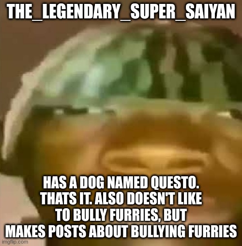 Crap Post 19: The_Legendary_super_saiyan | THE_LEGENDARY_SUPER_SAIYAN; HAS A DOG NAMED QUESTO. THATS IT. ALSO DOESN'T LIKE TO BULLY FURRIES, BUT MAKES POSTS ABOUT BULLYING FURRIES | made w/ Imgflip meme maker
