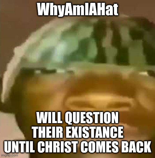 Crap Post 20: WhyAmIAHat | WhyAmIAHat; WILL QUESTION THEIR EXISTANCE UNTIL CHRIST COMES BACK | made w/ Imgflip meme maker