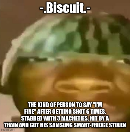 Crap Post 27: -.Biscuit.- | -.Biscuit.-; THE KIND OF PERSON TO SAY "I'M FINE" AFTER GETTING SHOT 6 TIMES, STABBED WITH 3 MACHETES, HIT BY A TRAIN AND GOT HIS SAMSUNG SMART-FRIDGE STOLEN | made w/ Imgflip meme maker