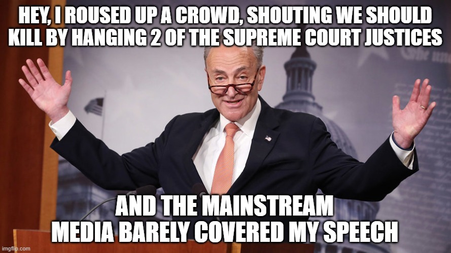 Chuck Schumer | HEY, I ROUSED UP A CROWD, SHOUTING WE SHOULD KILL BY HANGING 2 OF THE SUPREME COURT JUSTICES AND THE MAINSTREAM MEDIA BARELY COVERED MY SPEE | image tagged in chuck schumer | made w/ Imgflip meme maker