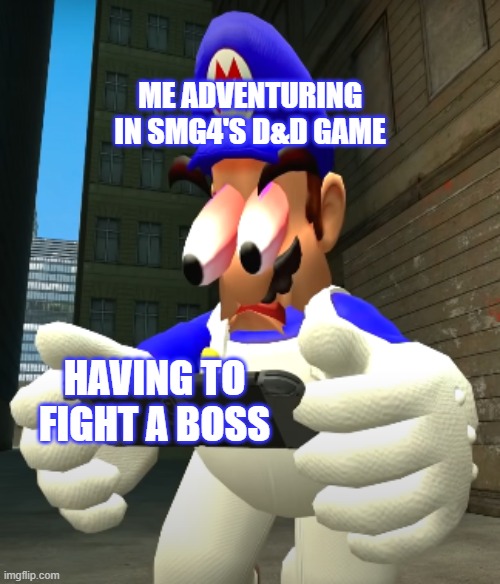 Don't you hate it when the boss arrives?? | ME ADVENTURING IN SMG4'S D&D GAME; HAVING TO FIGHT A BOSS | image tagged in smg4 reaction | made w/ Imgflip meme maker
