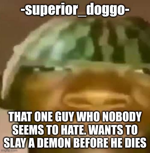 Crap Post 29: -superior_doggo- | -superior_doggo-; THAT ONE GUY WHO NOBODY SEEMS TO HATE. WANTS TO SLAY A DEMON BEFORE HE DIES | made w/ Imgflip meme maker