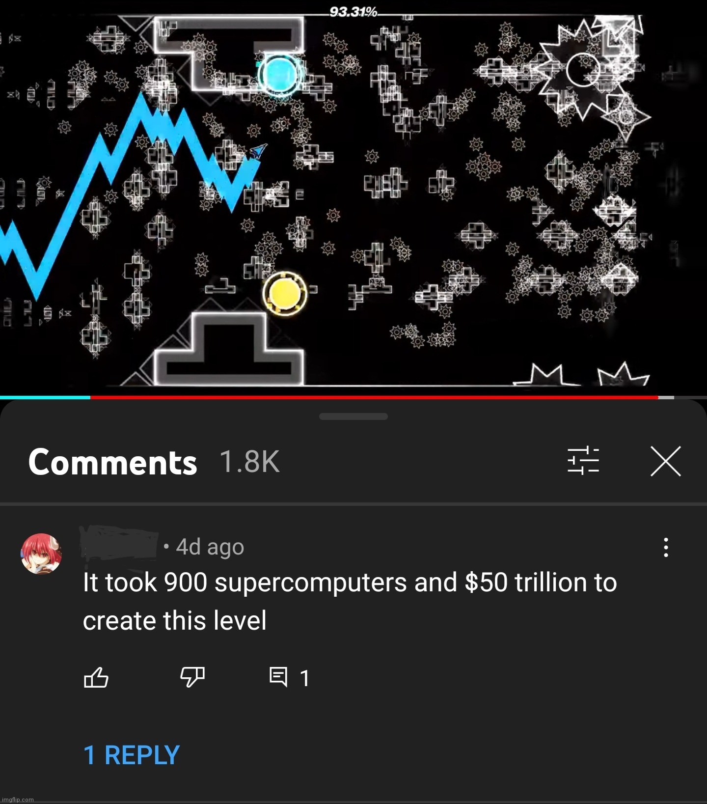 This is my comment xD (I censored my name since it's my real name and I don't want that public) | image tagged in memes,geometry dash,supercomputer,funny | made w/ Imgflip meme maker