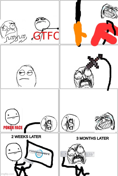 Blank Comic Panel 2x4 | 2 WEEKS LATER; 3 MONTHS LATER | image tagged in blank comic panel 2x4,rage comics | made w/ Imgflip meme maker