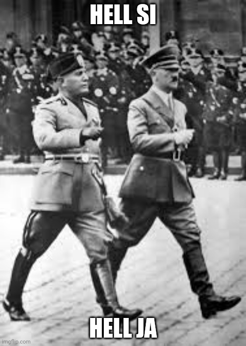 Hitler and Mussolini | HELL SI HELL JA | image tagged in hitler and mussolini | made w/ Imgflip meme maker