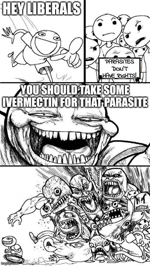 Why do they always call the unborn parasites? | HEY LIBERALS; PARASITES DON'T HAVE RIGHTS! YOU SHOULD TAKE SOME IVERMECTIN FOR THAT PARASITE | image tagged in memes,hey internet,abortion,liberals,democrats,birth control | made w/ Imgflip meme maker
