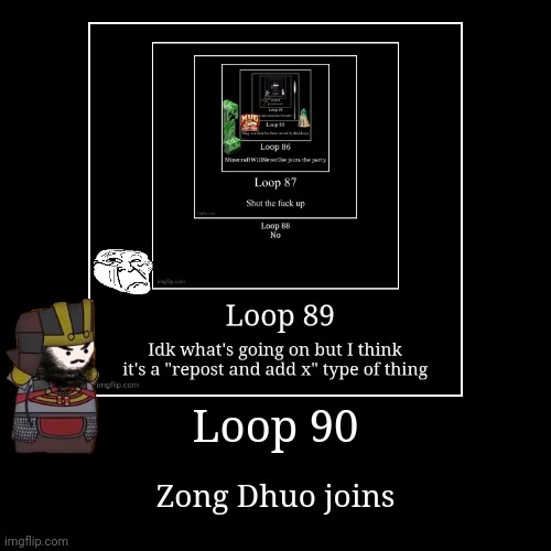 Loop 90 | Zong Dhuo joins | image tagged in funny,demotivationals | made w/ Imgflip demotivational maker