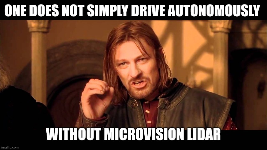 Walk Into Mordor | ONE DOES NOT SIMPLY DRIVE AUTONOMOUSLY; WITHOUT MICROVISION LIDAR | image tagged in walk into mordor | made w/ Imgflip meme maker