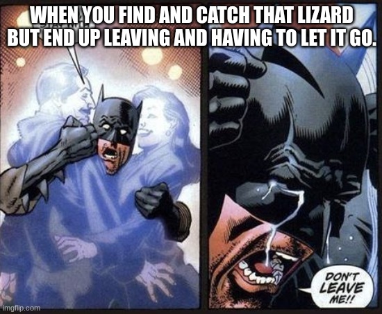 Batman crying | WHEN YOU FIND AND CATCH THAT LIZARD BUT END UP LEAVING AND HAVING TO LET IT GO. | image tagged in batman crying | made w/ Imgflip meme maker