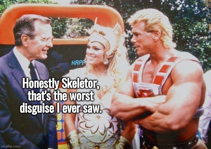 George Bush is skeletor didn't fool He Man | Honestly Skeletor, that's the worst disguise I ever saw. | image tagged in he man she ra and george bush sr | made w/ Imgflip meme maker