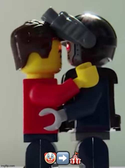 Lego man hugging a lego robot | 🤡➡️🎪 | image tagged in lego man hugging a lego robot | made w/ Imgflip meme maker