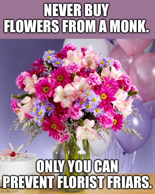 Flowers | NEVER BUY FLOWERS FROM A MONK. ONLY YOU CAN PREVENT FLORIST FRIARS. | image tagged in flowers | made w/ Imgflip meme maker