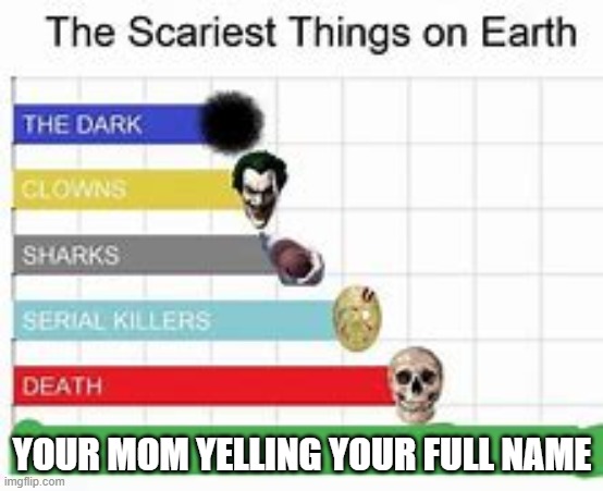 the scariest things on earth | YOUR MOM YELLING YOUR FULL NAME | image tagged in the scariest things on earth | made w/ Imgflip meme maker