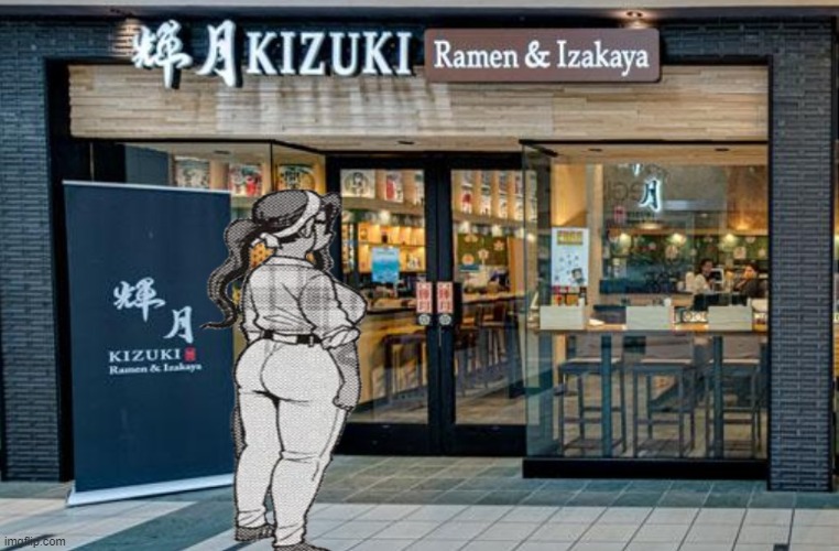 Medesa goes to Kizuki Ramen & Izukaya | image tagged in plus-sized elf,manga,sonic characters walking into stores,thicc,mall,ramen | made w/ Imgflip meme maker