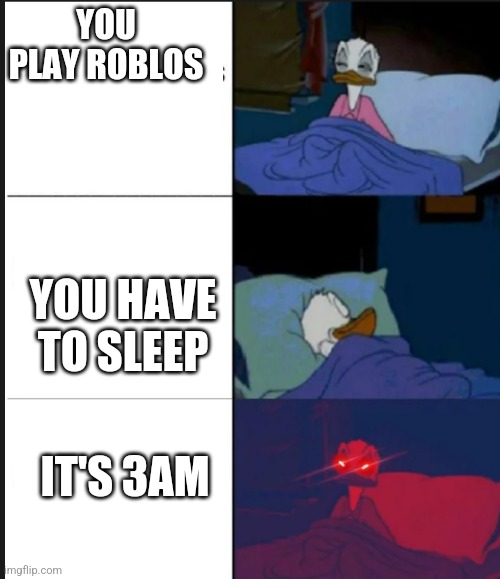 Donald Duck awake | YOU PLAY ROBLOS; YOU HAVE TO SLEEP; IT'S 3AM | image tagged in donald duck awake | made w/ Imgflip meme maker