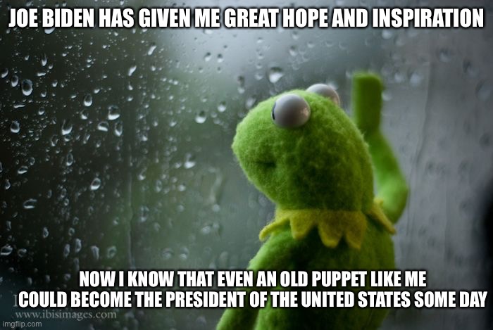 kermit window | JOE BIDEN HAS GIVEN ME GREAT HOPE AND INSPIRATION; NOW I KNOW THAT EVEN AN OLD PUPPET LIKE ME COULD BECOME THE PRESIDENT OF THE UNITED STATES SOME DAY | image tagged in kermit window,joe biden,political meme,politics | made w/ Imgflip meme maker