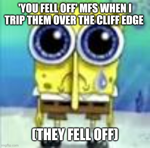 Revenge | 'YOU FELL OFF' MFS WHEN I TRIP THEM OVER THE CLIFF EDGE; (THEY FELL OFF) | image tagged in spongebob | made w/ Imgflip meme maker