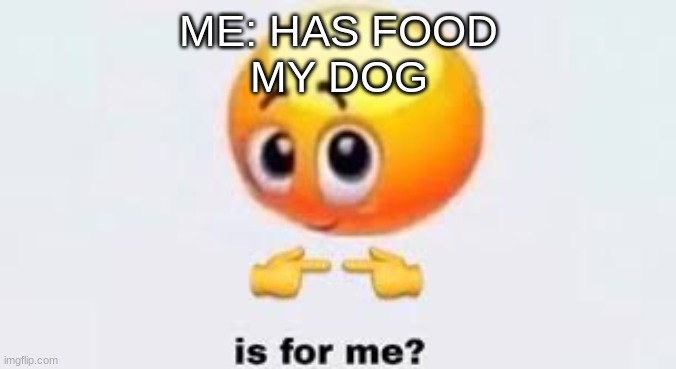 *insert clever title here* | ME: HAS FOOD
MY DOG | image tagged in is for me,dogs,dog,food,barney will eat all of your delectable biscuits,google most random picture ever you will have fun | made w/ Imgflip meme maker