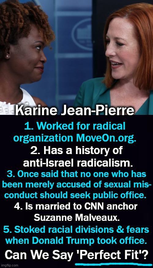 New White House Press Secretary | Karine Jean-Pierre; 1. Worked for radical 
organization MoveOn.org. 2. Has a history of 
anti-Israel radicalism. 3. Once said that no one who has
been merely accused of sexual mis-
conduct should seek public office. 4. Is married to CNN anchor 
 Suzanne Malveaux. 5. Stoked racial divisions & fears 
when Donald Trump took office. Can We Say 'Perfect Fit'? | image tagged in politics,white house,press secretary,radical,leftist,perfect | made w/ Imgflip meme maker
