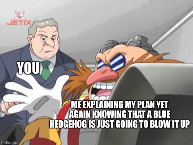 You See, but He Doesn't - Sonic X | YOU; ME EXPLAINING MY PLAN YET AGAIN KNOWING THAT A BLUE HEDGEHOG IS JUST GOING TO BLOW IT UP | image tagged in you see but he doesn't - sonic x | made w/ Imgflip meme maker