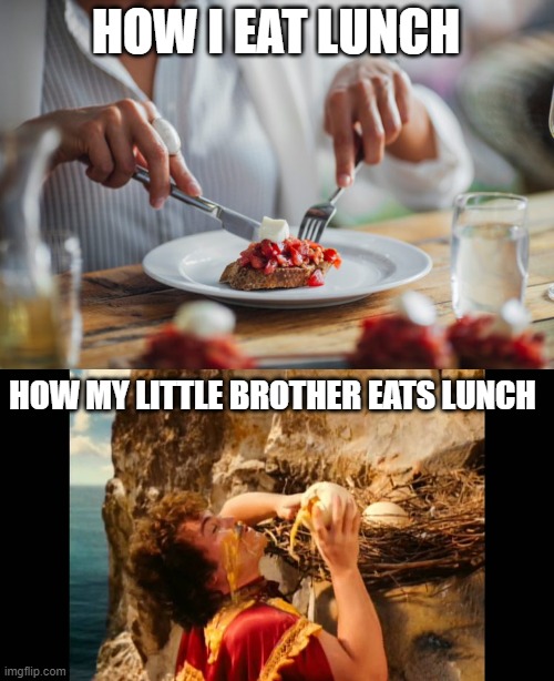 Meme #12 |  HOW I EAT LUNCH; HOW MY LITTLE BROTHER EATS LUNCH | image tagged in nacho libre,eggs,eating,messy,funny,hilarious | made w/ Imgflip meme maker