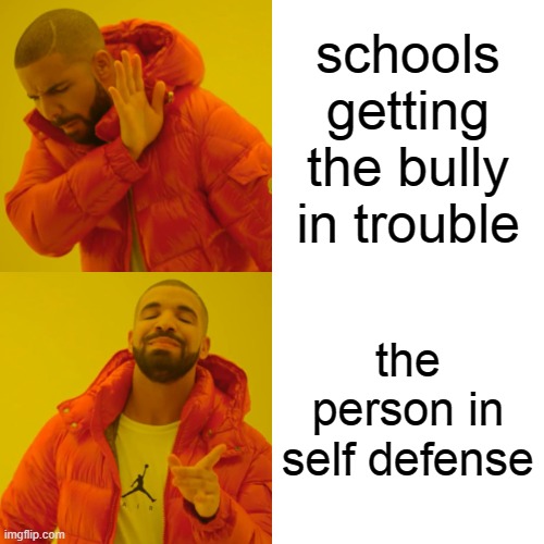 Drake Hotline Bling Meme |  schools getting the bully in trouble; the person in self defense | image tagged in memes,drake hotline bling | made w/ Imgflip meme maker