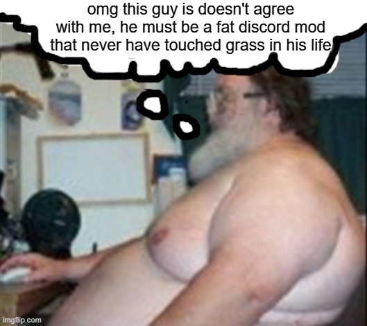 omg this guy is doesn't agree with me, he must be a fat discord mod that never have touched grass in his life | made w/ Imgflip meme maker